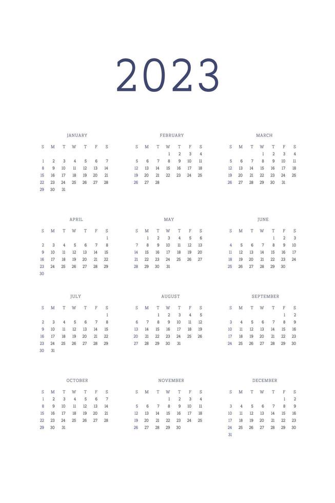 Plantilla de diario de planificador personal de calendario 2023 en estilo estricto clásico. Calendario Mensual Calendario Individual Minimalismo Diseño Restringido Para Cuaderno De Negocios. la semana comienza el domingo vector