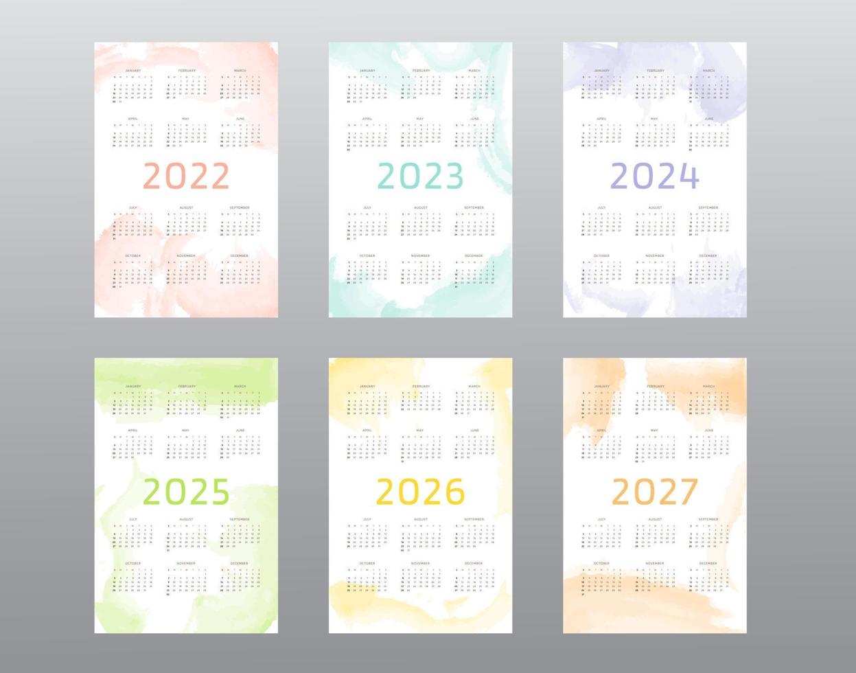 Colección de calendario 2022 2023 2024 2025 2026 2027 con trazos de pincel de acuarela abstracta. la semana comienza el domingo vector