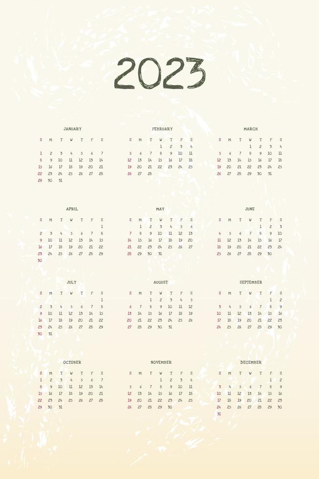2023 calendar vertical template in cute simple style with textured effects. Week starts on sunday vector