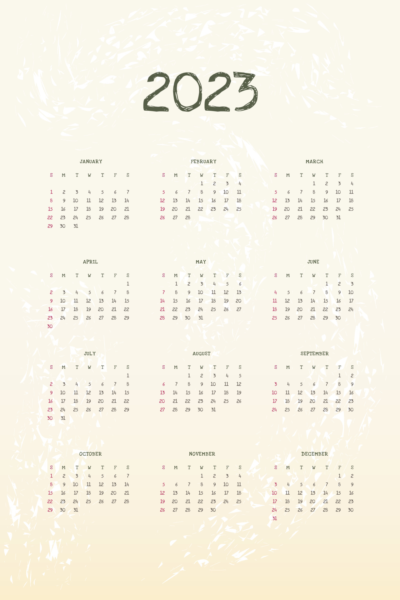 2023 Calendar Cute 2023 Calendar Vertical Template In Cute Simple Style With Textured Effects Week Starts On Sunday 4684154 Vector Art At Vecteezy