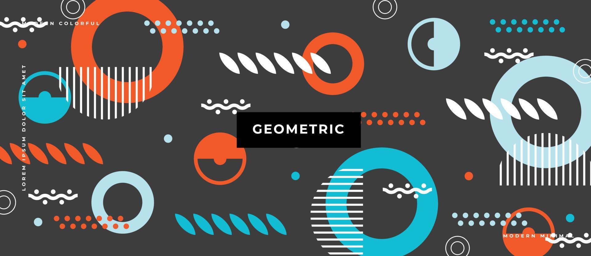 Flat geometric circles orange, blue colors. Memphis style minimal, playful line, dot, element on gray background. vector