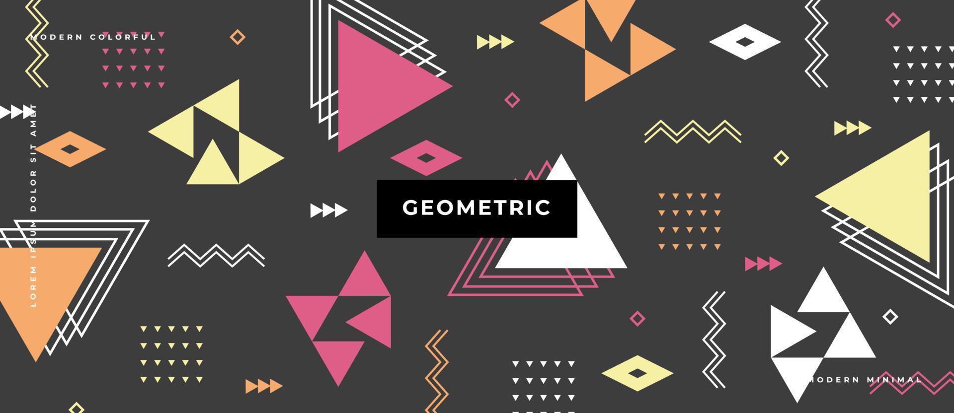 Seamless pattern with geometric shapes memphis style. Multicolored vintage background with triangles, dot, line on gray background. vector