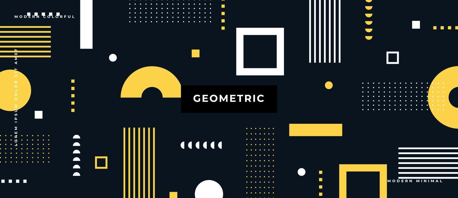 Círculo geométrico plano amarillo, blanco, cuadrado, línea, patrón sin costuras en forma de punto sobre fondo negro. Ilustración de estilo memphis. vector