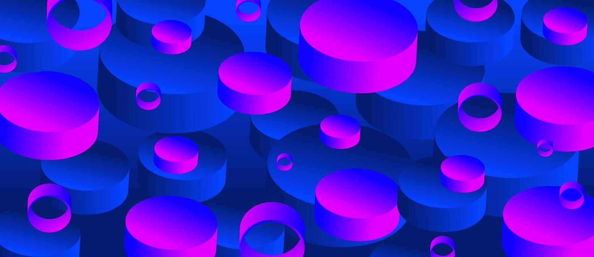 Fondo abstracto con elementos de círculo geométrico degradado. objetos de forma 3d. Ilustración azul, neón, rosa. vector