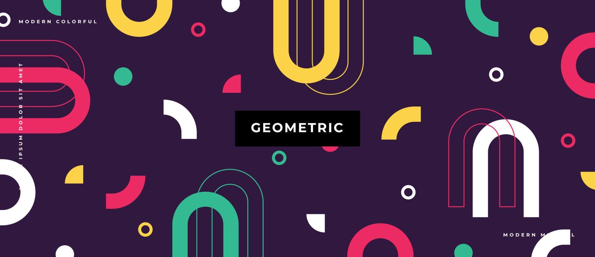 Círculo colorido patrón geométrico patrón de estilo de Memphis con formas simples versión cuadrada diseño de estilo plano ilustración vectorial aislado sobre fondo púrpura. vector