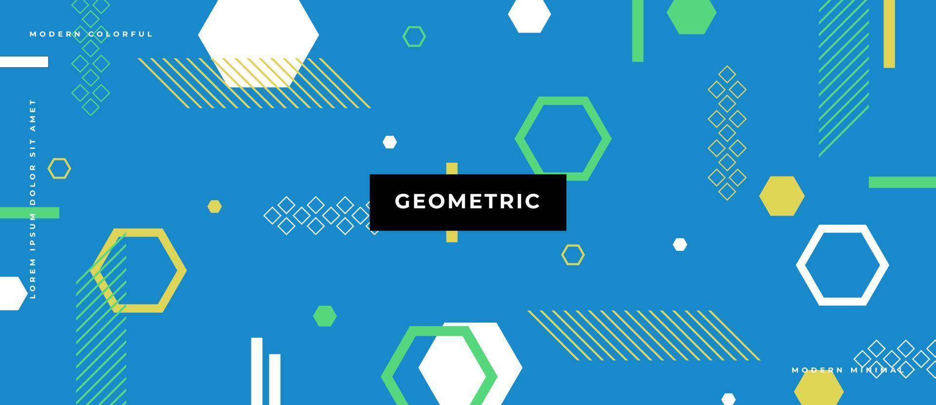 Fondo azul plano geométrico con ilustración de forma de hexágono de estilo memphis en movimiento. vector