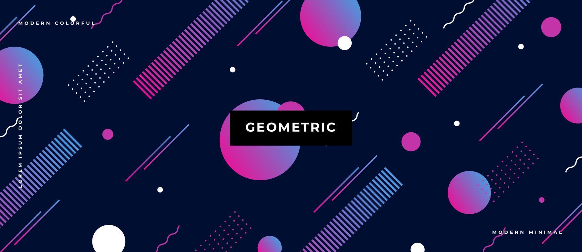 Gradient moving circle shape, line, dot Memphis seamless pattern. Geometric elements memphis on dark blue background. vector