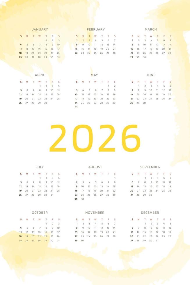 Calendario 2026 sobre fondo amarillo cálido dibujado a mano con pinceladas de acuarela. diseño de calendario para impresión y digital. la semana comienza el domingo vector