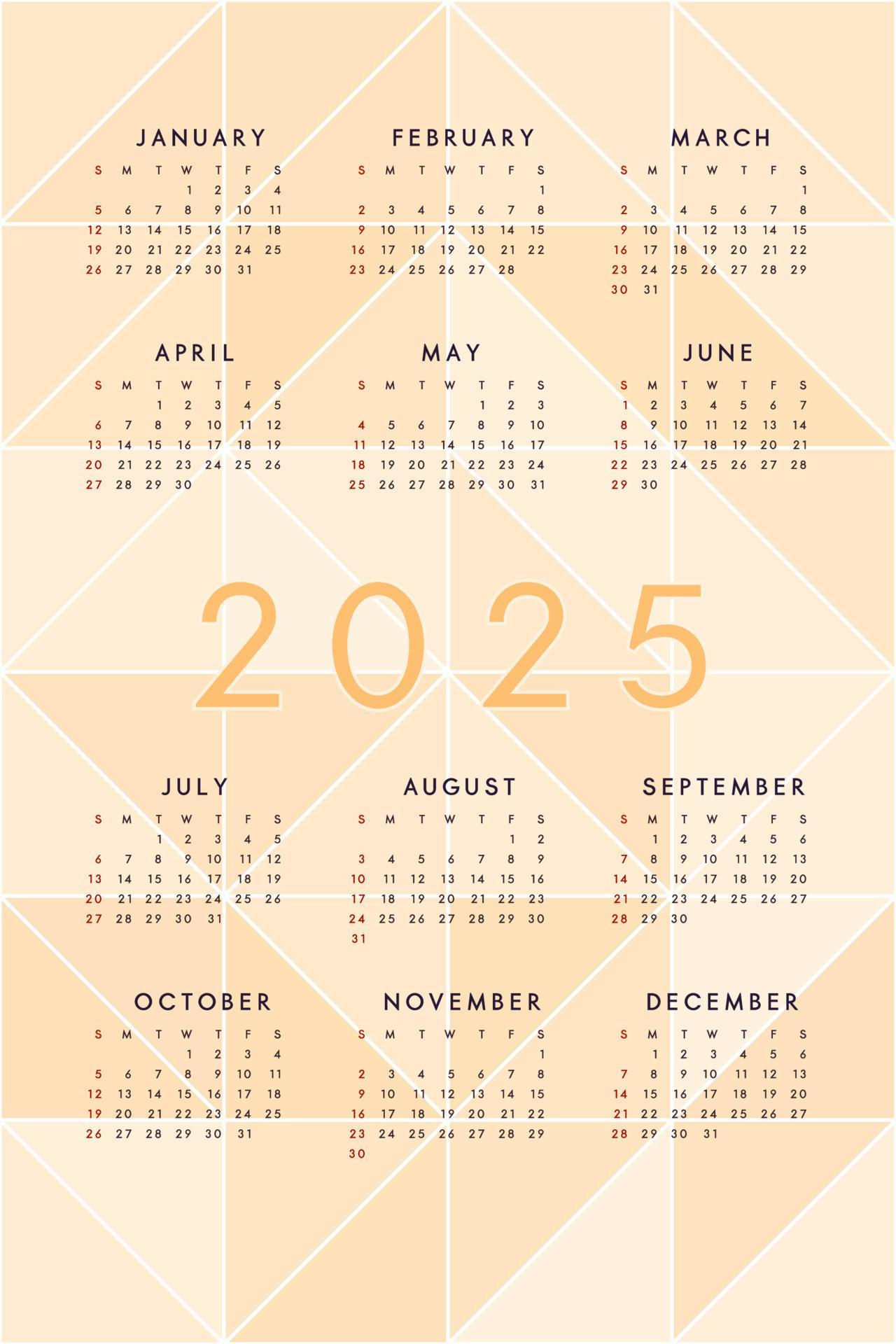 orange 2025 calendar template with mosaic translucent triangles