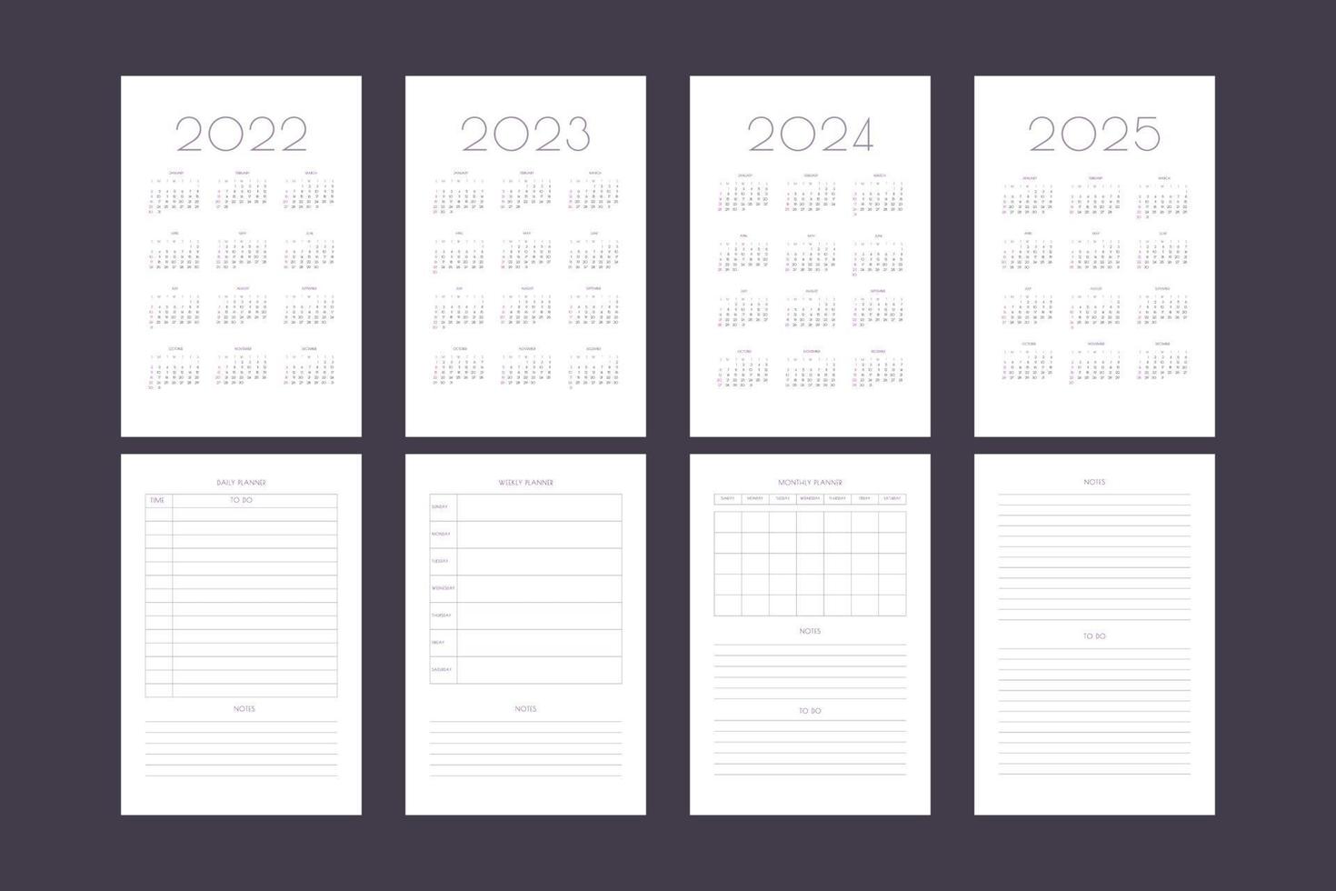 2022 2023 2024 2025 calendar and daily weekly monthly personal planner diary template. Monthly calendar individual schedule minimalist design for business notebook vector