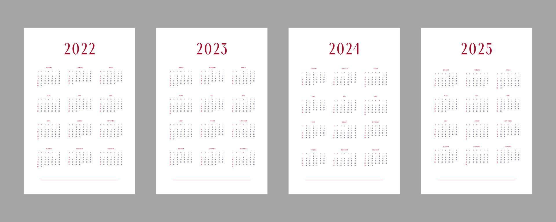 2022 2023 2024 2025 calendar individual schedule template in minimalist trendy style. Week starts on sunday vector