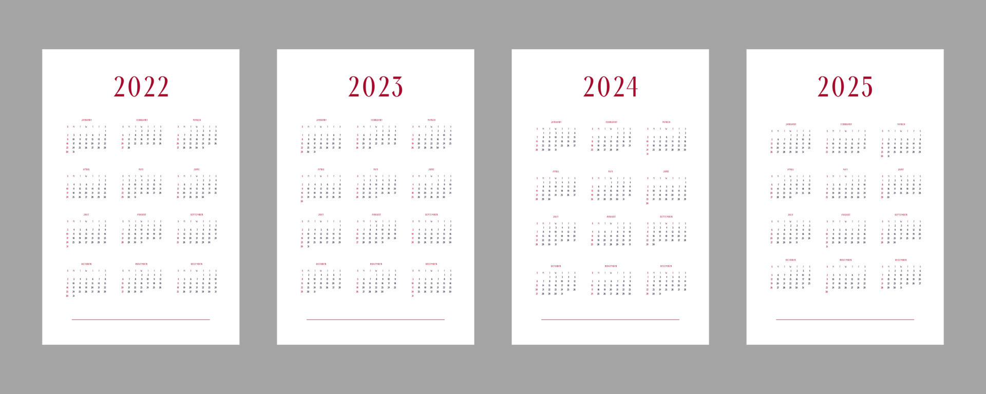 2022 2023 2024 2025 calendar individual schedule template in minimalist