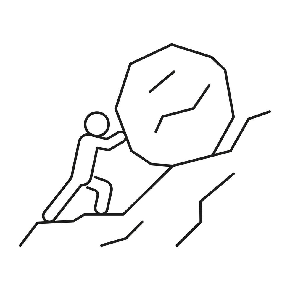 Man push hard stone in mountain. Drag load above you. Hard climb up mountain. Hard work challenge. Vector line illustration