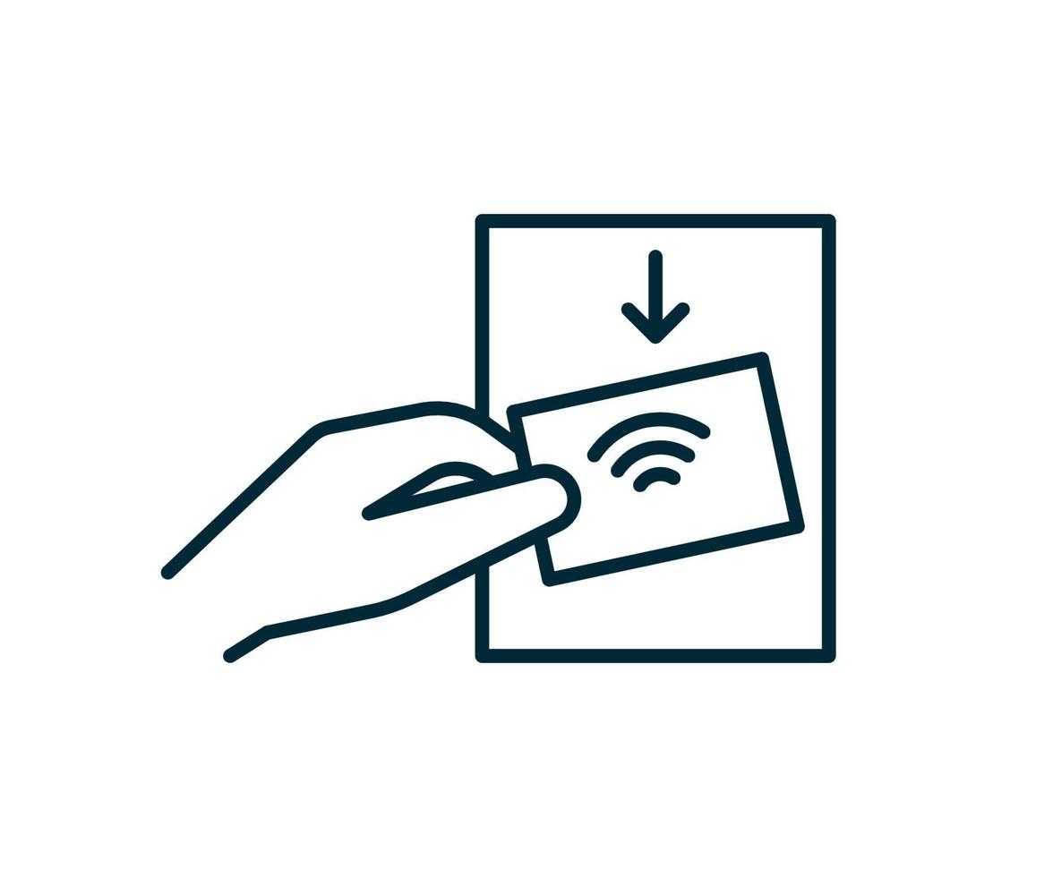 Contactless technology payment card for purchases via nfc, rfid, icon line. Wireless pay transaction sign. Payment on checkout credit card. Vector illustration