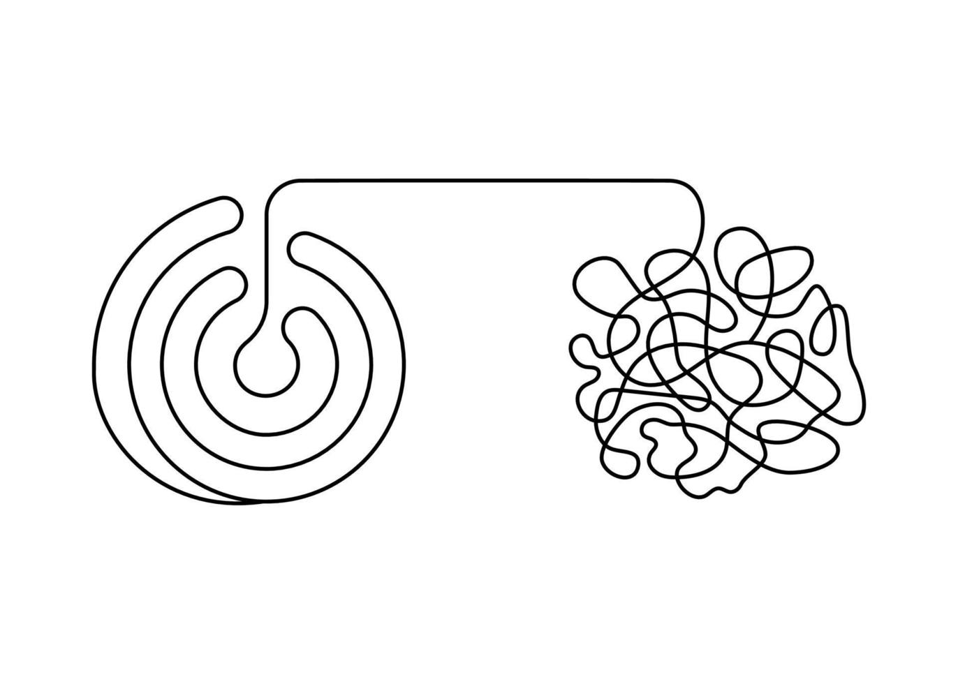 enredar y desenredar, cambiar la lógica de la mente con el esquema y el cerebro de pensamiento creativo confuso, línea continua. desorden, caos y orden, equilibrio mental. concepto de psicología. solución de problemas. vector