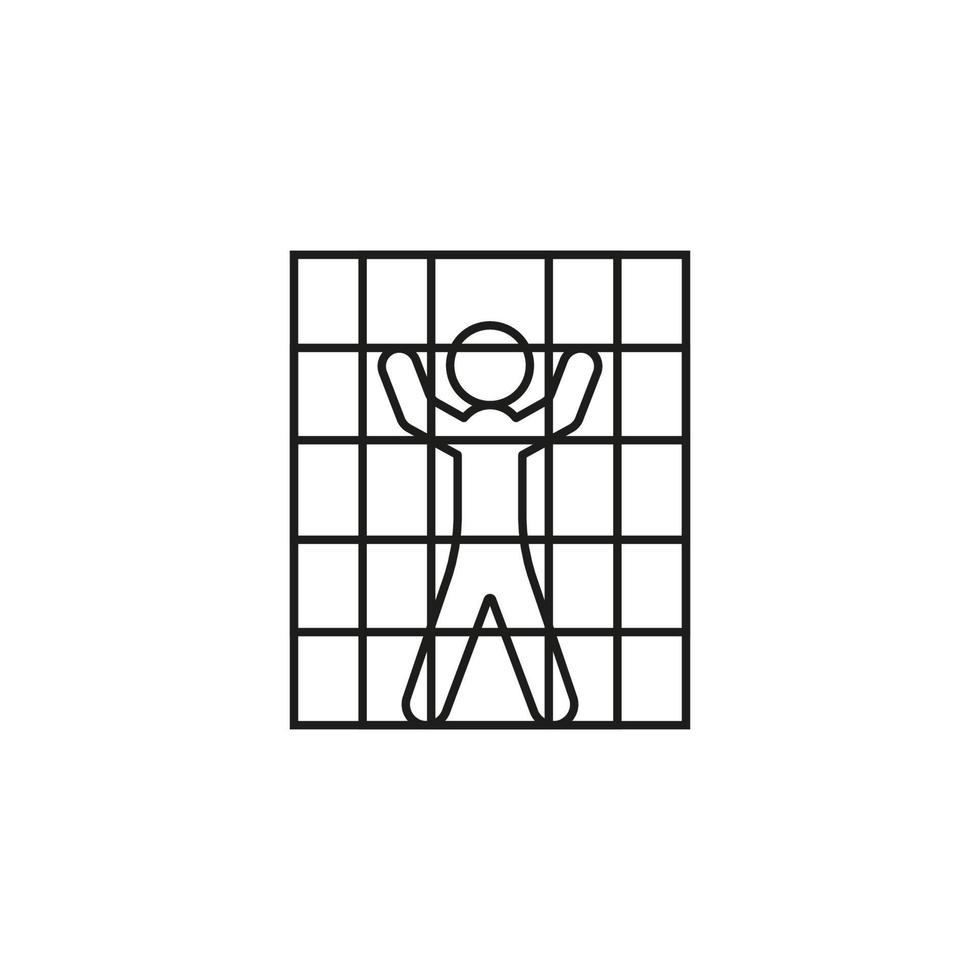 Man in cage prison for punishment, arrest. Punishment for crime, restriction of freedom. Prison term. Court sentence, make justice. Vector line illustration