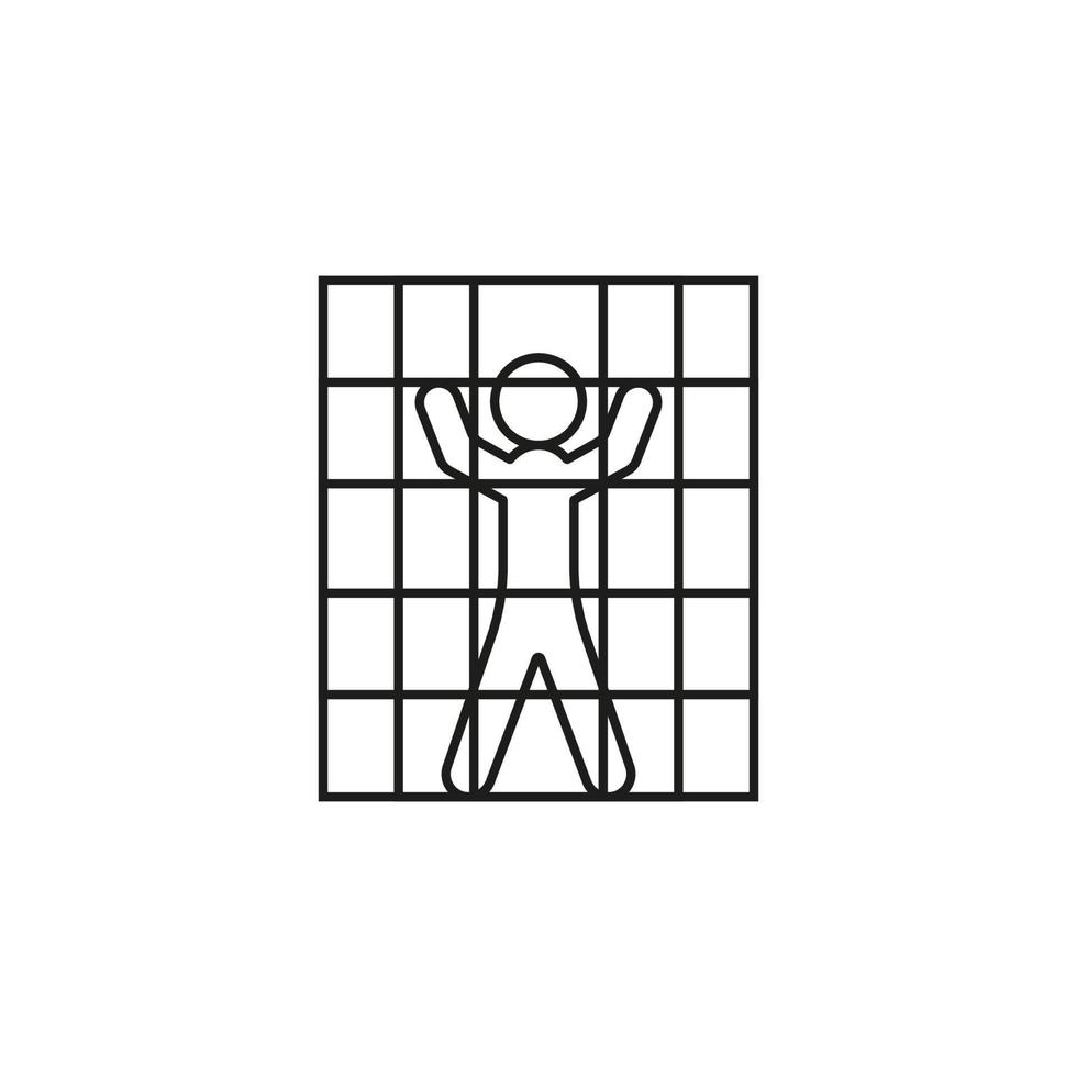 Man in cage prison for punishment, arrest. Punishment for crime, restriction of freedom. Prison term. Court sentence, make justice. Vector line illustration