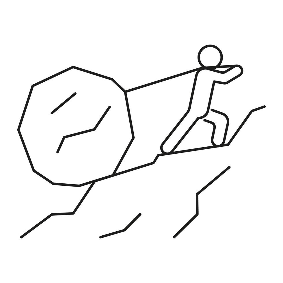Man push up stone on rope in mountain, hard work, challenge. Drag load on rope. Hard climb up mountain. Vector line illustration