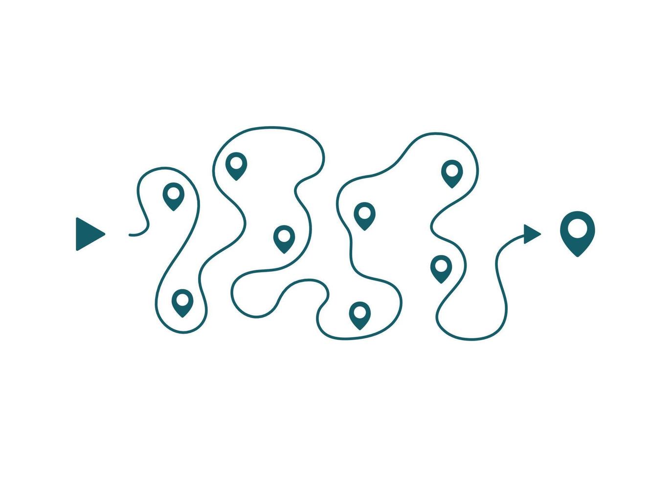 Path with stops, road way in goal. Route map. Travel scheme, trip planning. Start and finish. Vector illustration