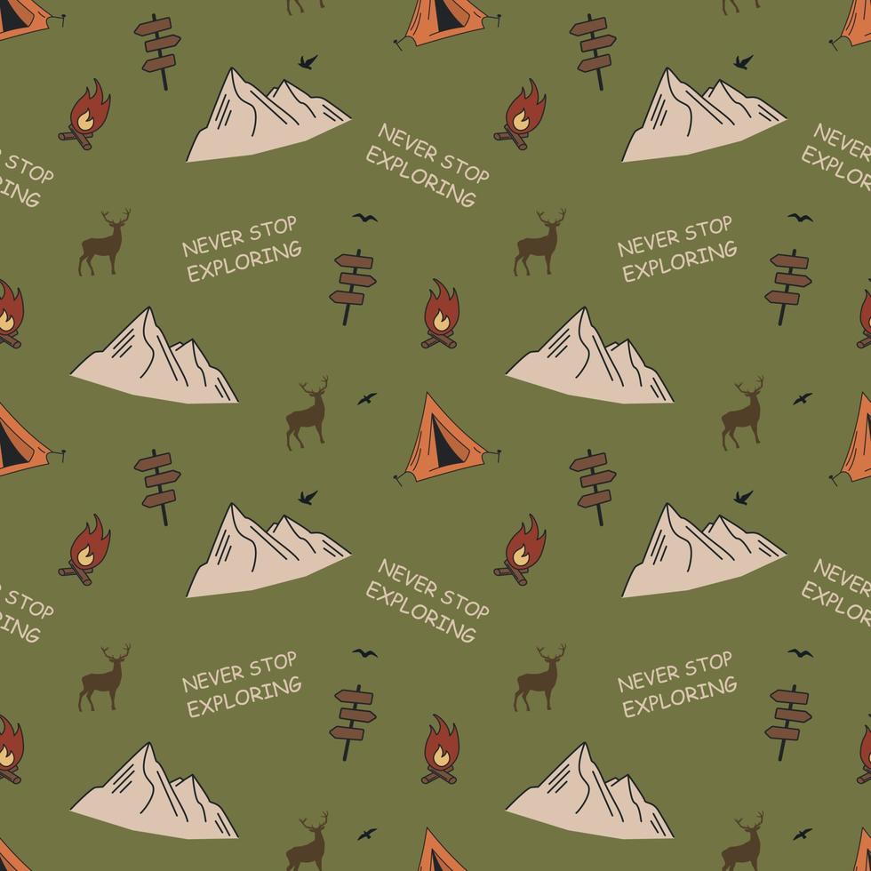 patrón sin fisuras con montañas, carpas y una fogata. concepto de camping. para imprimir en textiles, cuadernos y otros fines. vector