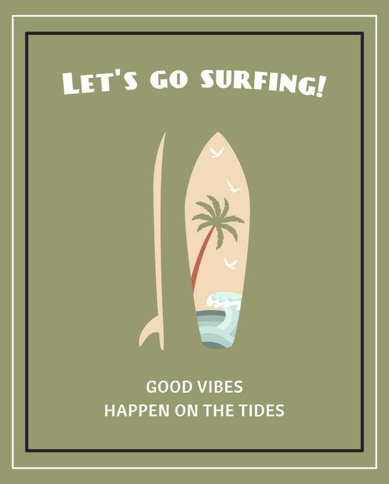 tablas de surf con palmeras y olas de rattern. inscripción. vector dibujado a mano retro. para impresiones en camisetas, carteles y otros fines.