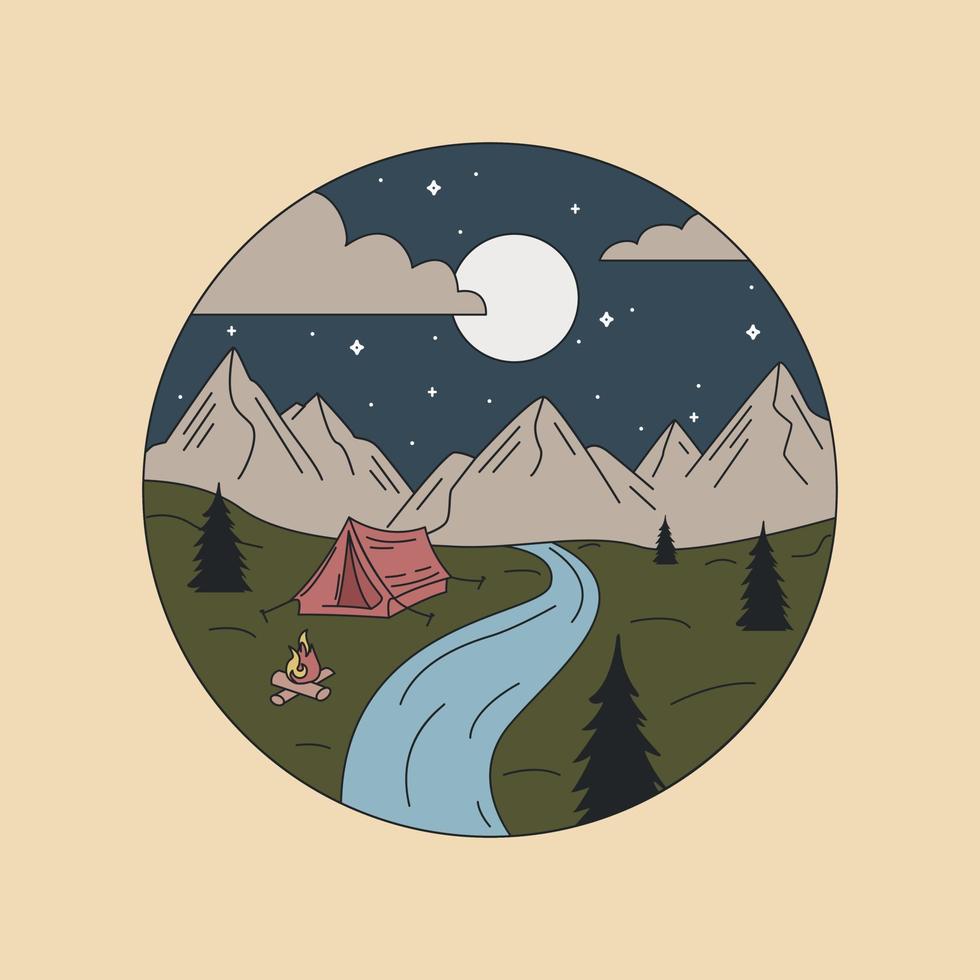 Mountains, River, Tent. Badge. Retro Hand-Drawn Vector. For Prints On T-shirts, Posters And Other Purposes. vector