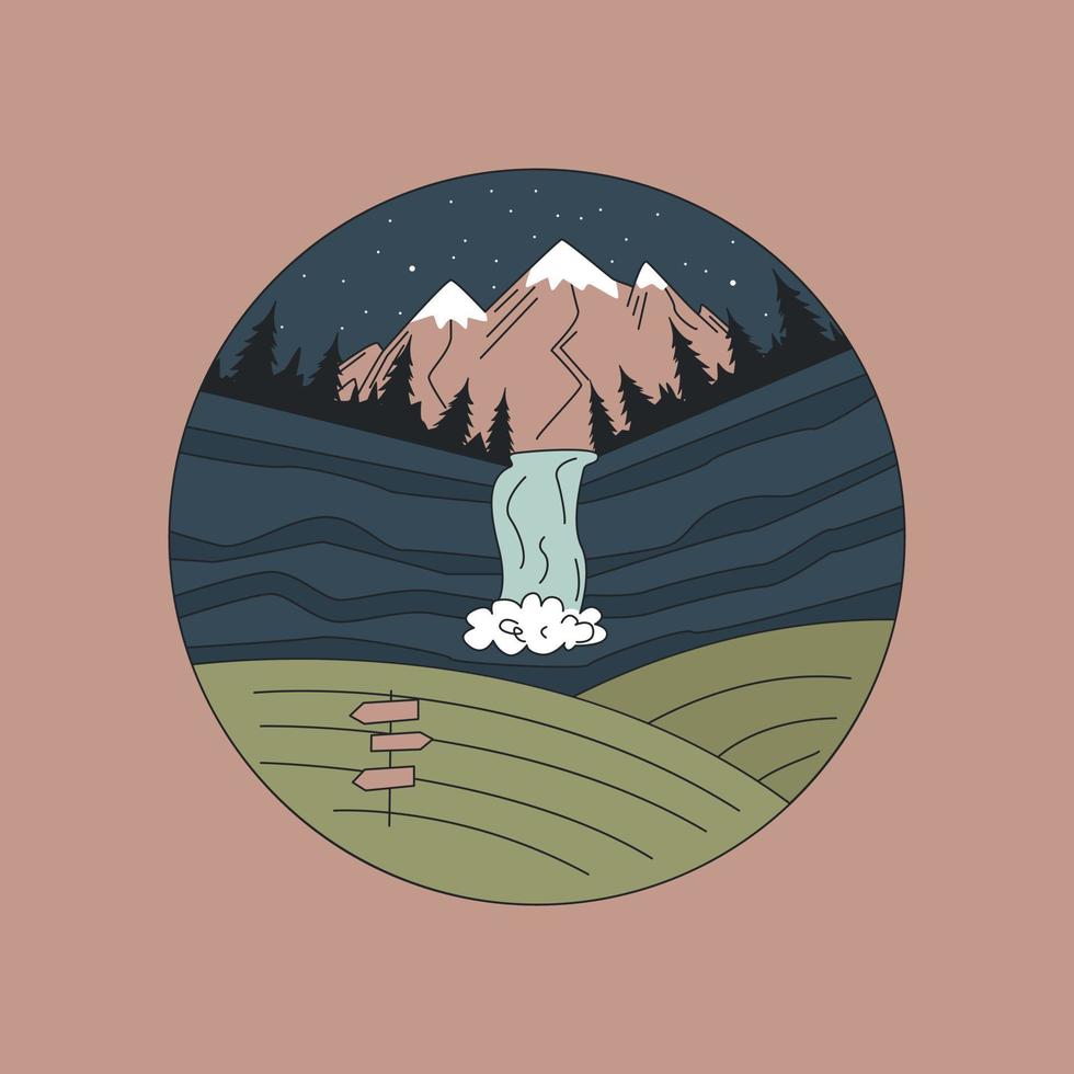 Mountains, Waterfall On The Background Of The Night Sky, Badge. vector