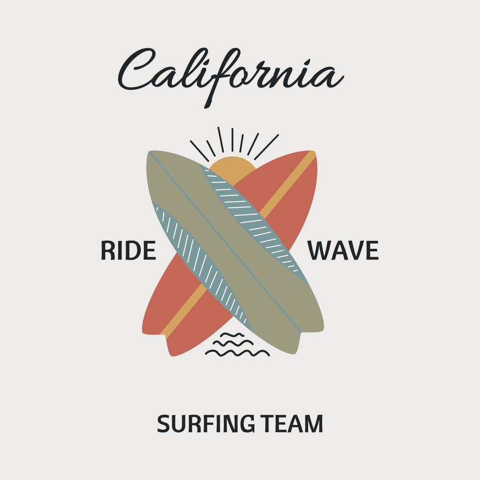 Surf Boards And The Inscription California. Retro Hand-Drawn Vector. For Prints On T-shirts, Posters And Other Purposes. vector