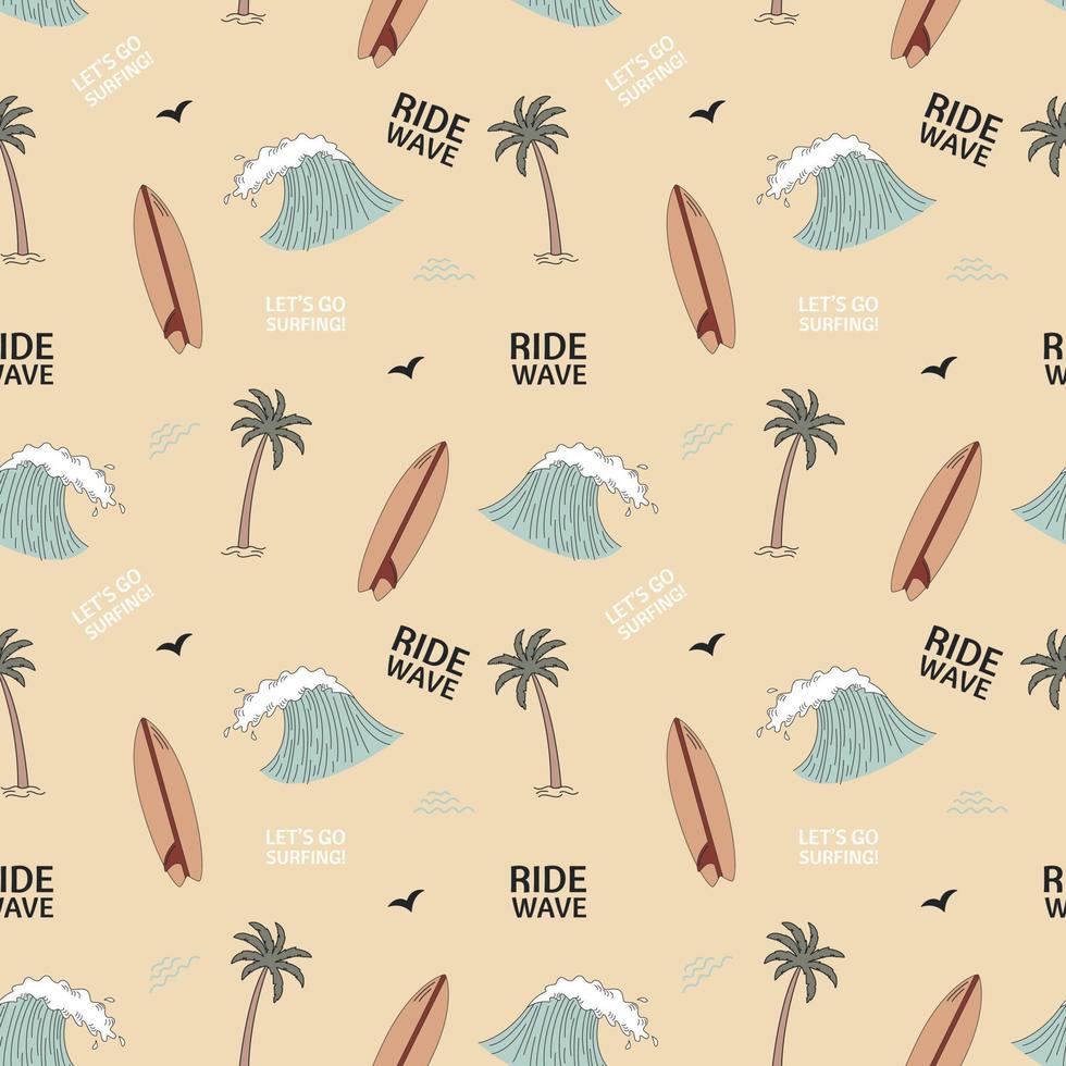 Seamless Pattern With Palm Trees, Surfboard And Waves. Retro Hand-Drawn Vector. vector