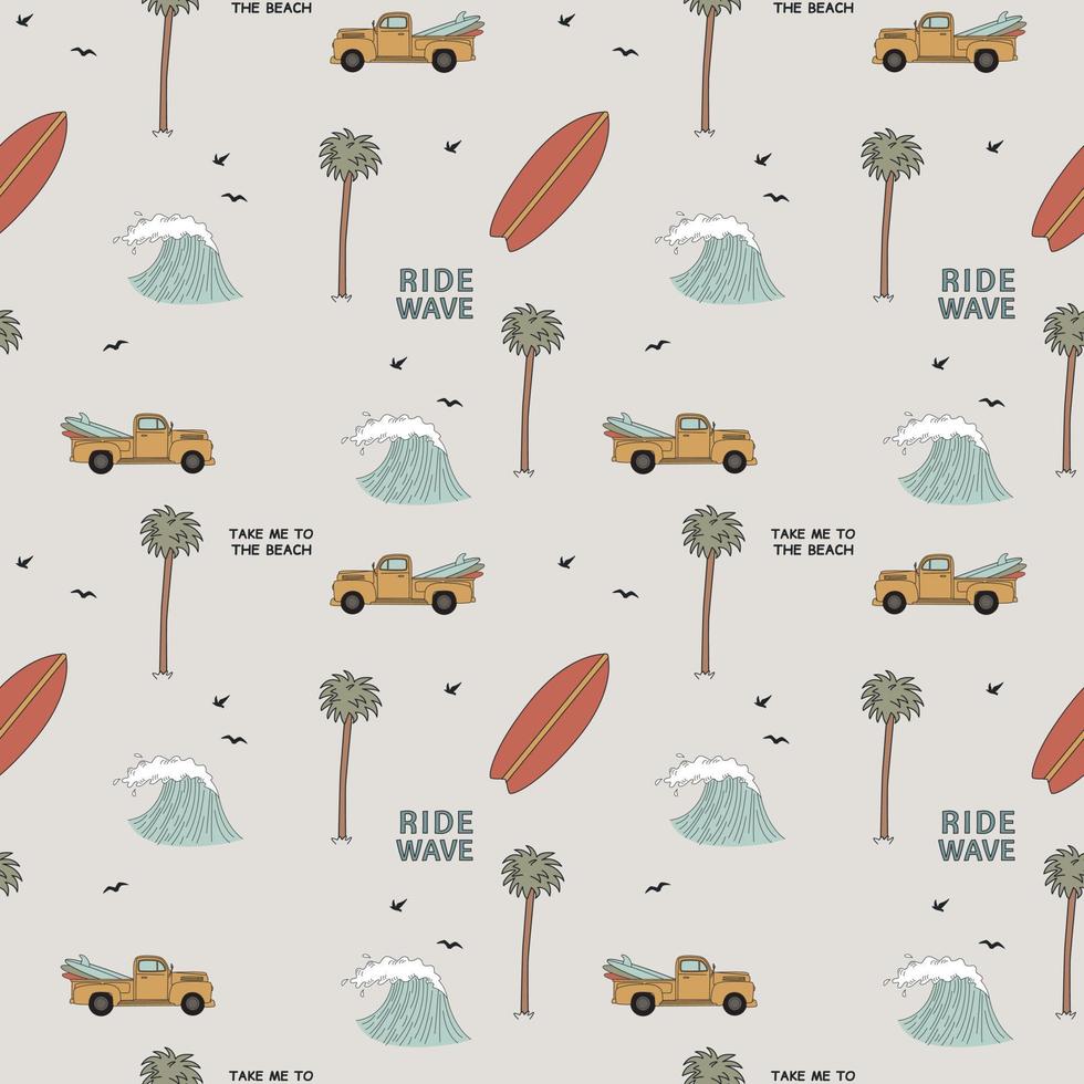 Seamless Pattern With Car, Waves And Palm Trees. The Concept Of Travel And Surfing. For Printing On Textile, Notebooks And Other Purposes. vector