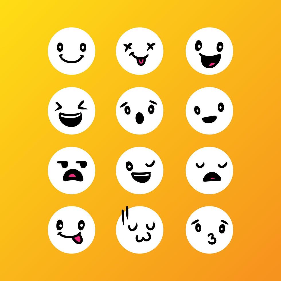 conjunto de lindo emoticon dibujado a mano con vector de fondo amarillo. símbolos de calidad premium y colección de logotipos web de letreros. Pictogramas de emoticonos simples y modernos.
