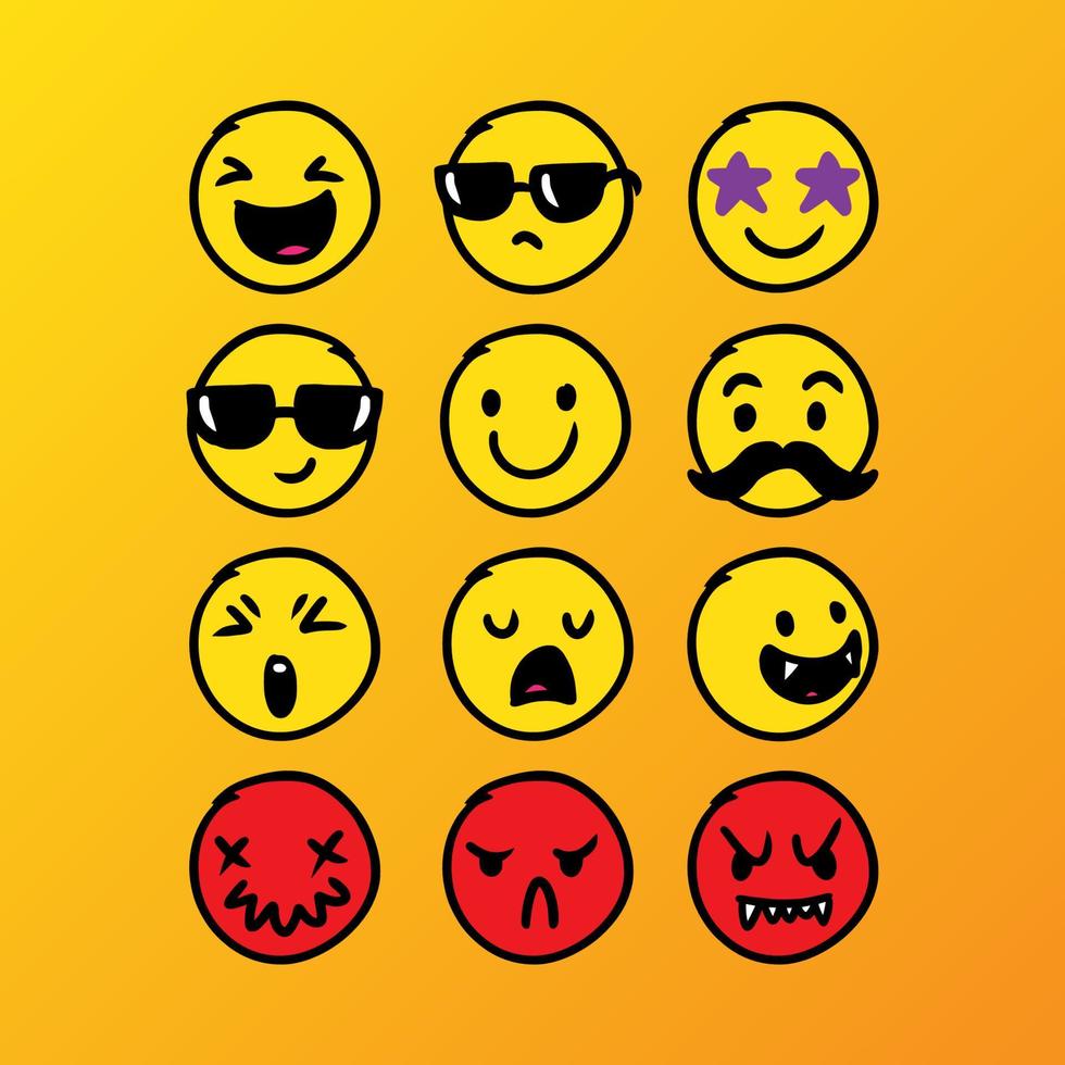 Set of cute emoticon hand drawn with yellow background vector ...