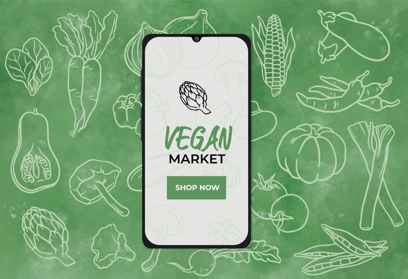 Banner de mercado de comida vegana con smarthphone. vector