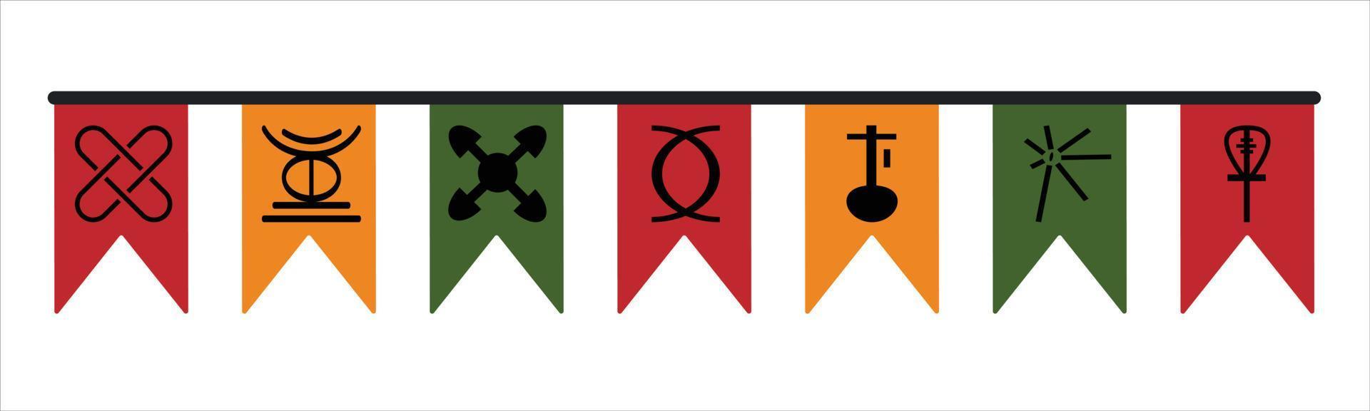 lindo banderín de banderas festivas con siete principios de los iconos de símbolos de kwanzaa para el festival de kwanzaa - fiesta étnica afroamericana tradicional. vector clip art diseño elemento decoración aislado