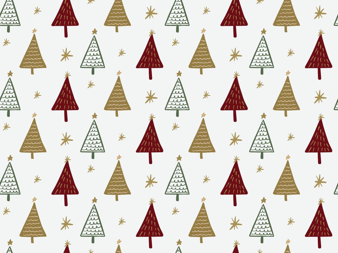 Cute  seamless pattern background with Christmas tree simple doodles in childish hand drawn style. Seasonal New Year holiday festive green crimson gold backdrop texture, print vector