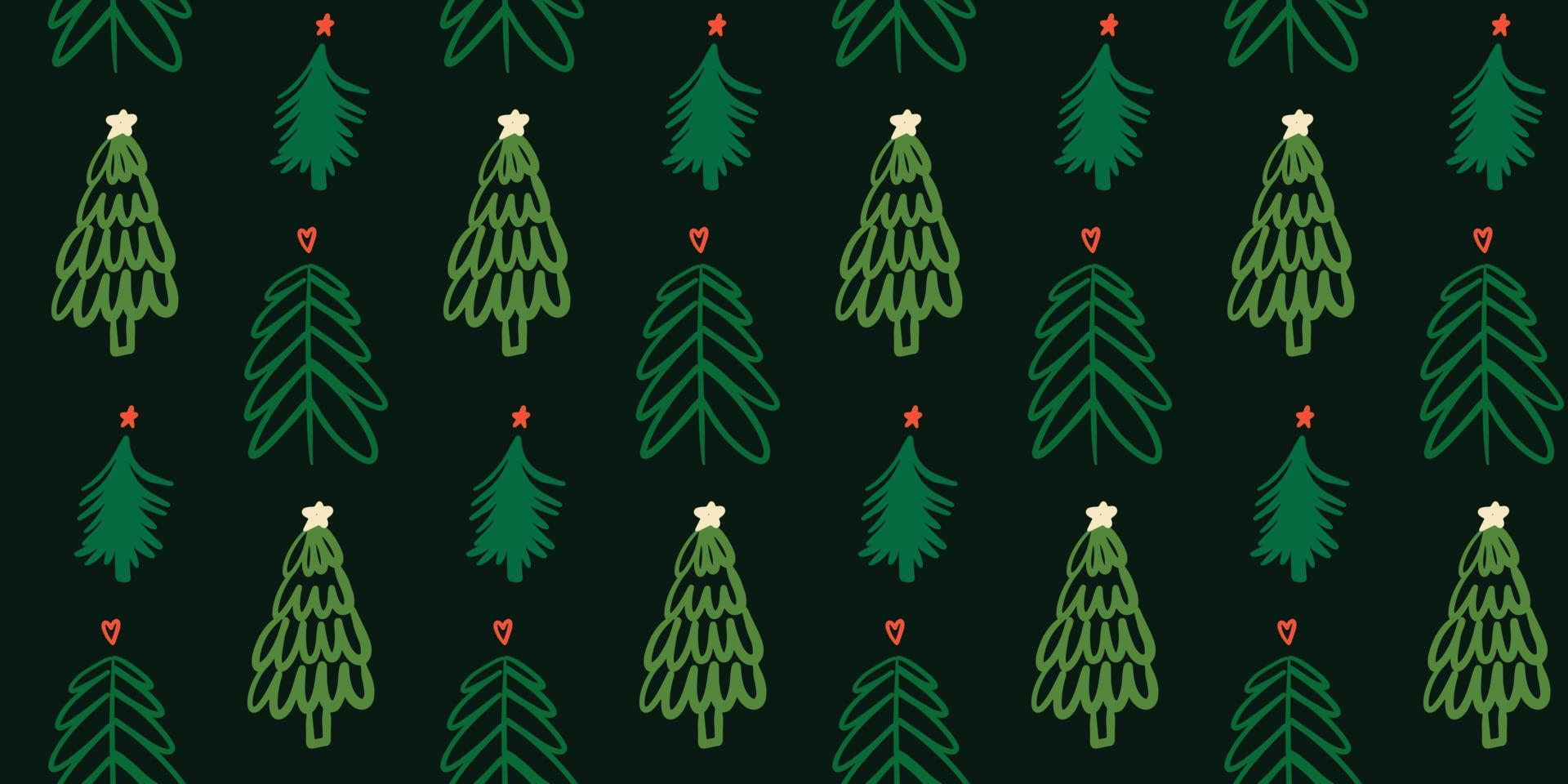 Cute dark winter seamless pattern background with Christmas tree simple doodles in childish hand drawn style. Seasonal New Year holiday festive backdrop texture, print vector