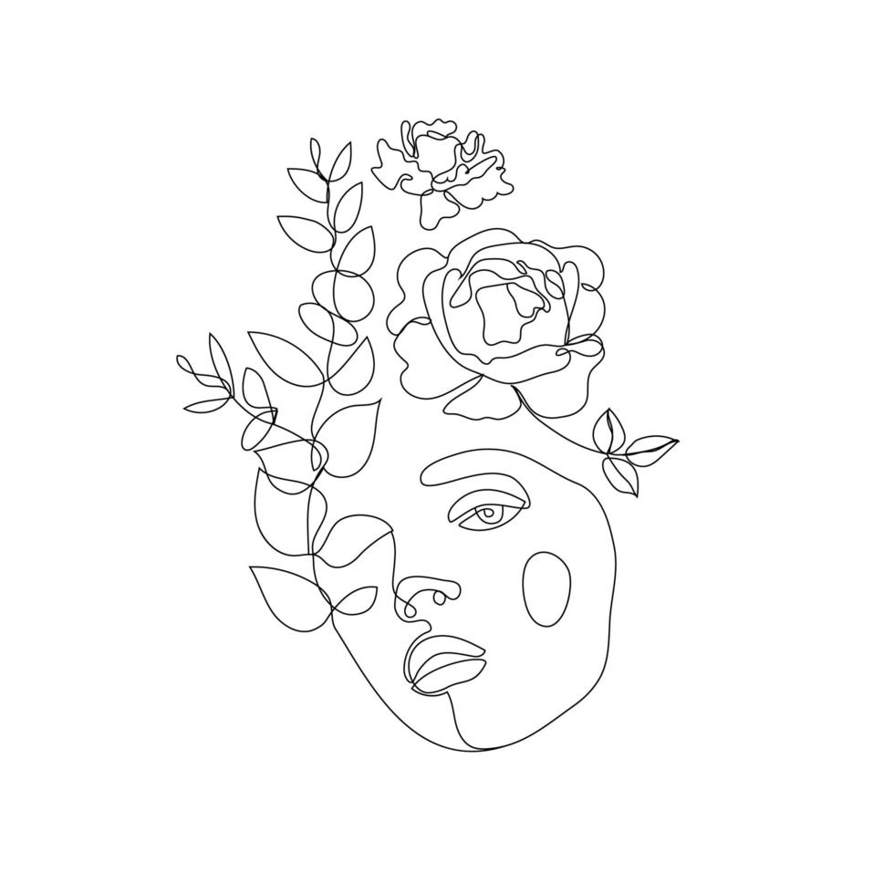 Vector woman face line art illustration, logo with flowers and leaves, feminine nature concept. Use for prints, tattoos, posters, textile, logotypes, cards etc. Monoline, continuous line.