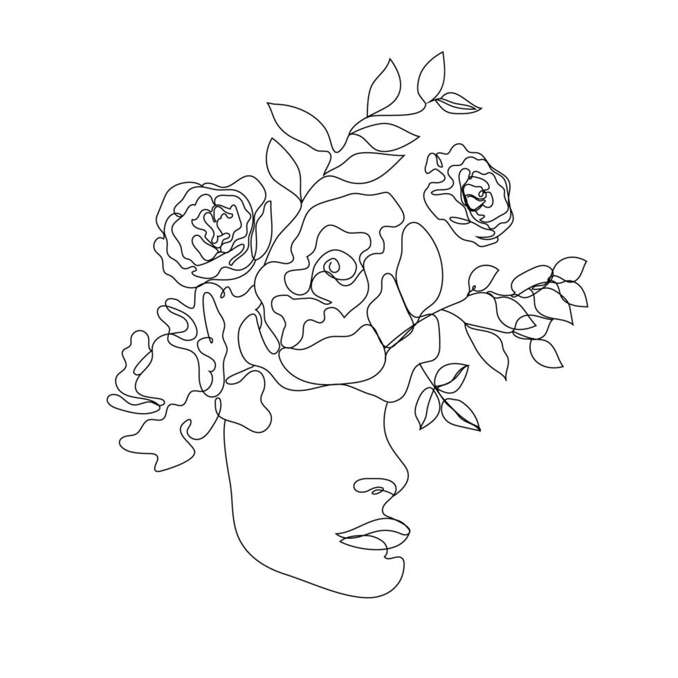 Vector woman face line art illustration, logo with flowers and leaves, feminine nature concept. Use for prints, tattoos, posters, textile, logotypes, cards etc. Monoline, continuous line.