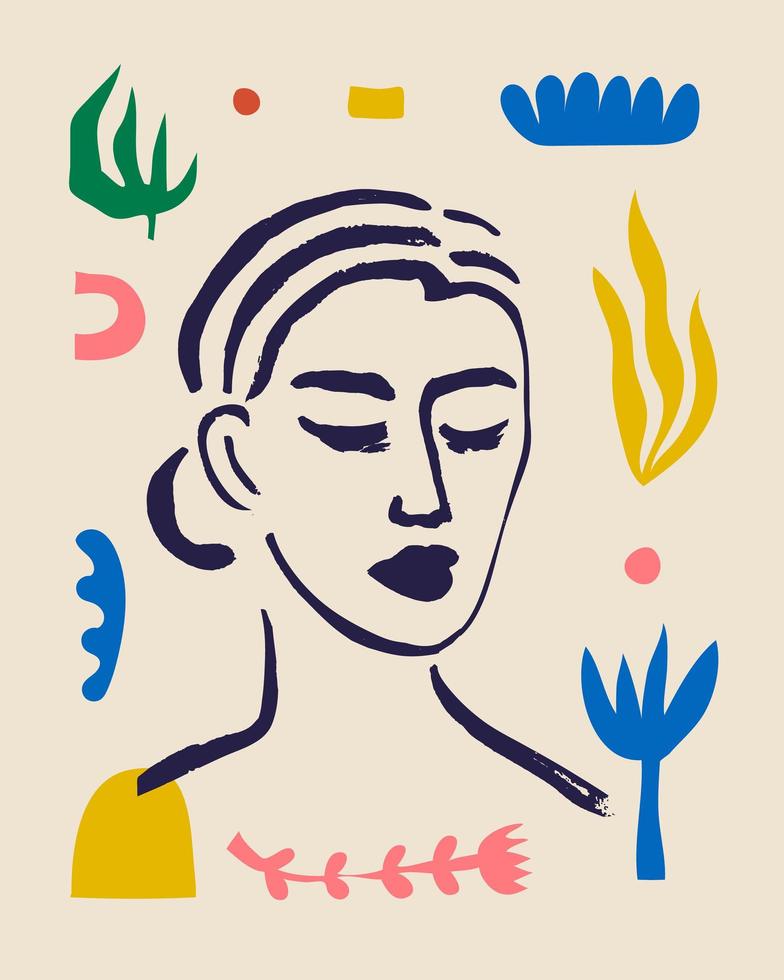 Vector woman art poster. Matisse inspired hand drawn contemporary portrait for print wall art decor, retro style. Abstract collage shapes.