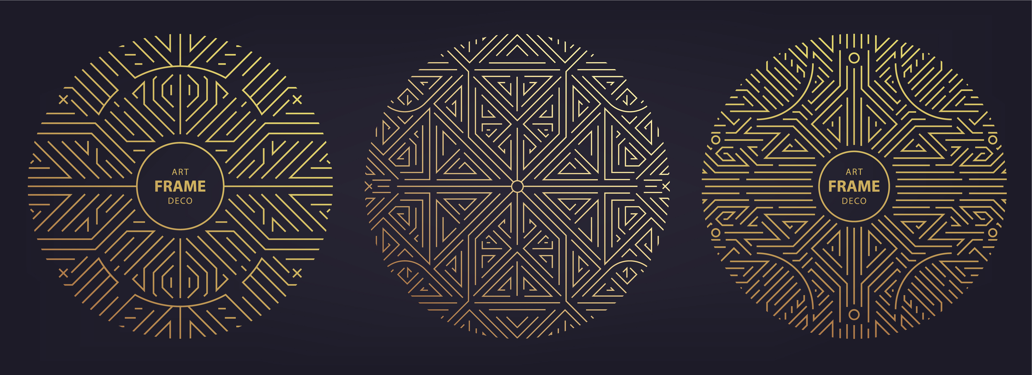 Vector set of art deco linear circles, round borders, frames