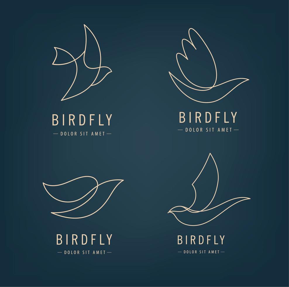 Vector set of line bird logos, pigeon silhouettes, flying abstract logos, icons isolated. Monoline minimalist style, luxury signs.