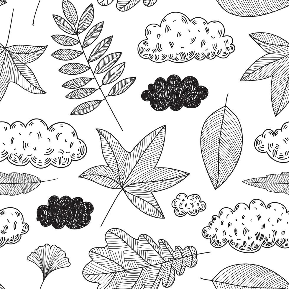Vector hand drawn seamless pattern with autumn elements contours foliage, clouds, leaves Line art design, doodle black and white.