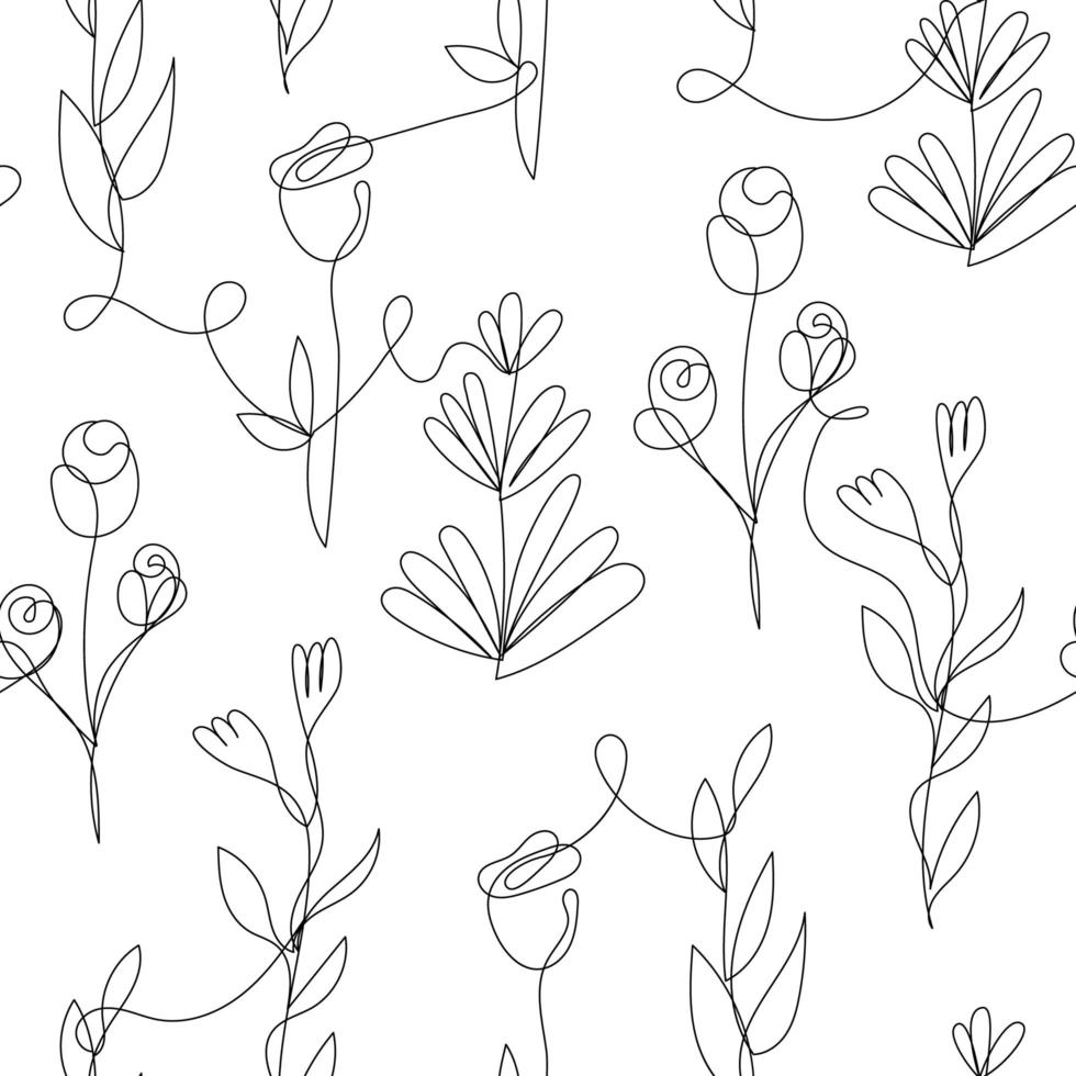 Vector flower, rose linear seamless background, plants with leaves, ornament, pattern with black single contour line on white background in hand drawn style. Monoline, continuous line.