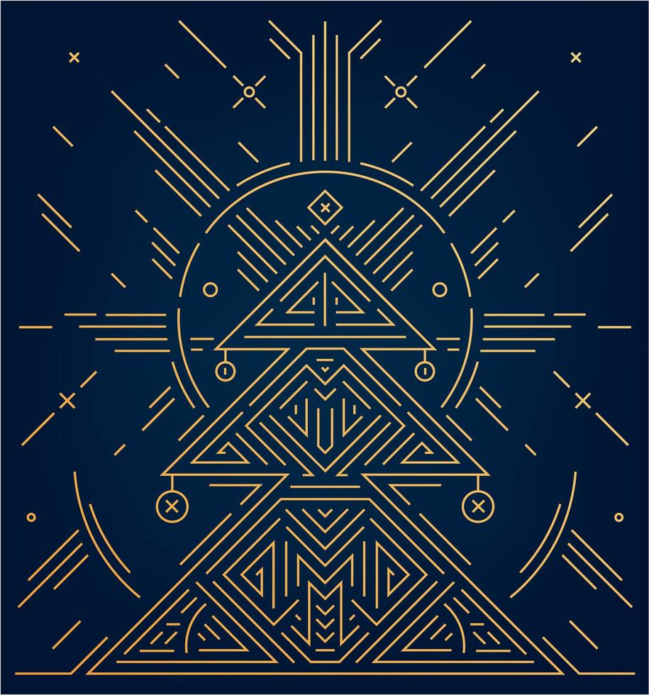 vector feliz navidad y próspero año nuevo tarjeta de felicitación dorada. Tarjeta de Navidad geométrica art déco sobre fondo azul marino. árbol de navidad brillante lineal