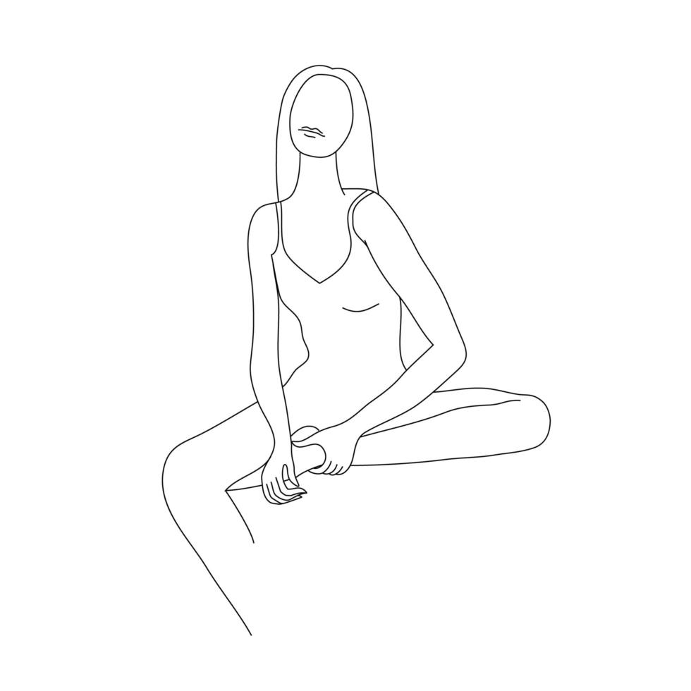 Vector minimalist style portrait. Line woman illustration, sitting, posing. Hand drawn abstract feminine print. Use for social net stories, beauty logos, poster illustration, card, t-shirt print.