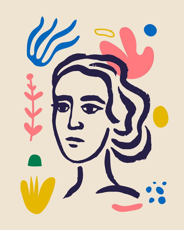 Vector woman art poster. Matisse inspired hand drawn contemporary portrait for print wall art decor, retro style. Abstract collage shapes.