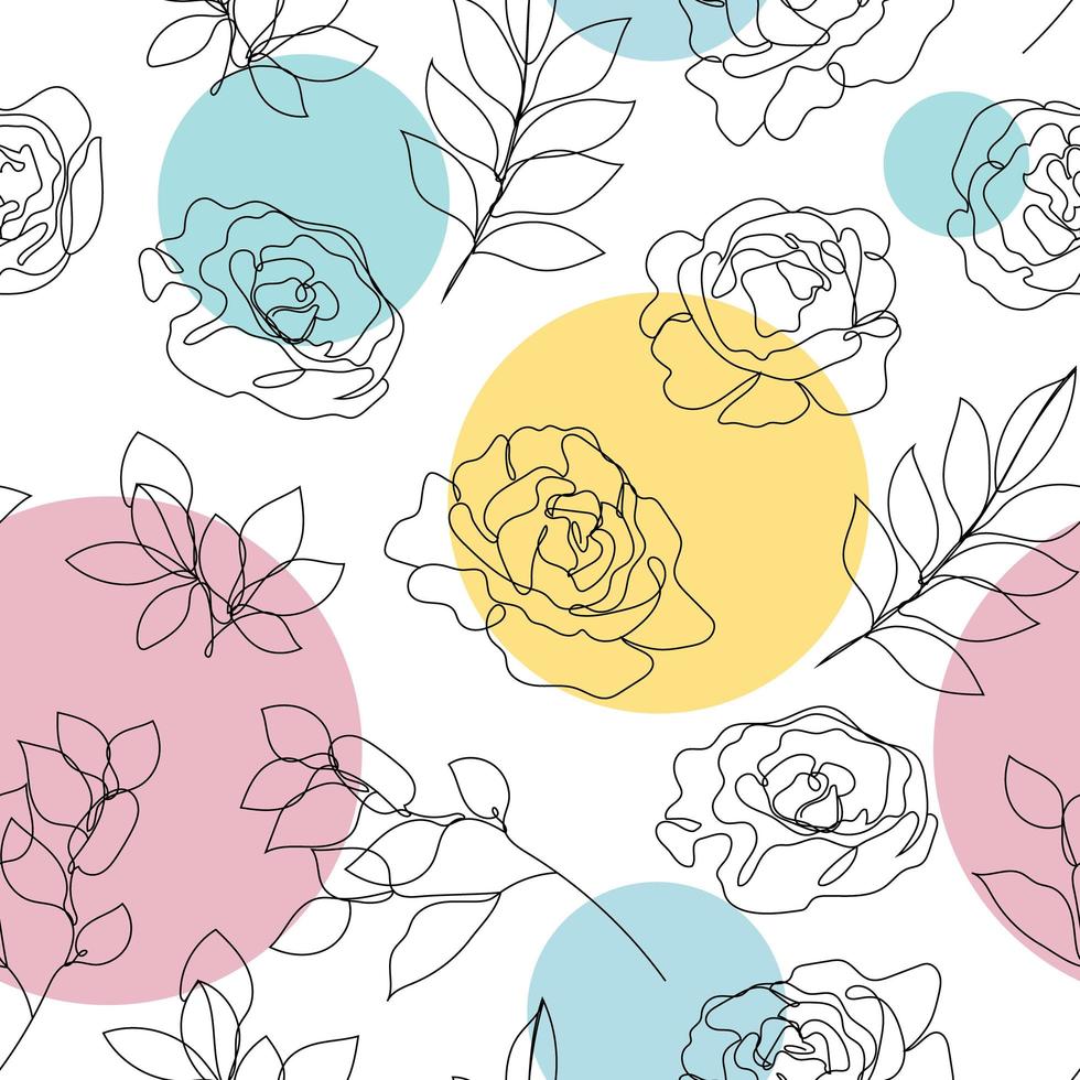 Vector flower, rose linear seamless background, plants with leaves, ornament, pattern with black single contour line and colorful circles background