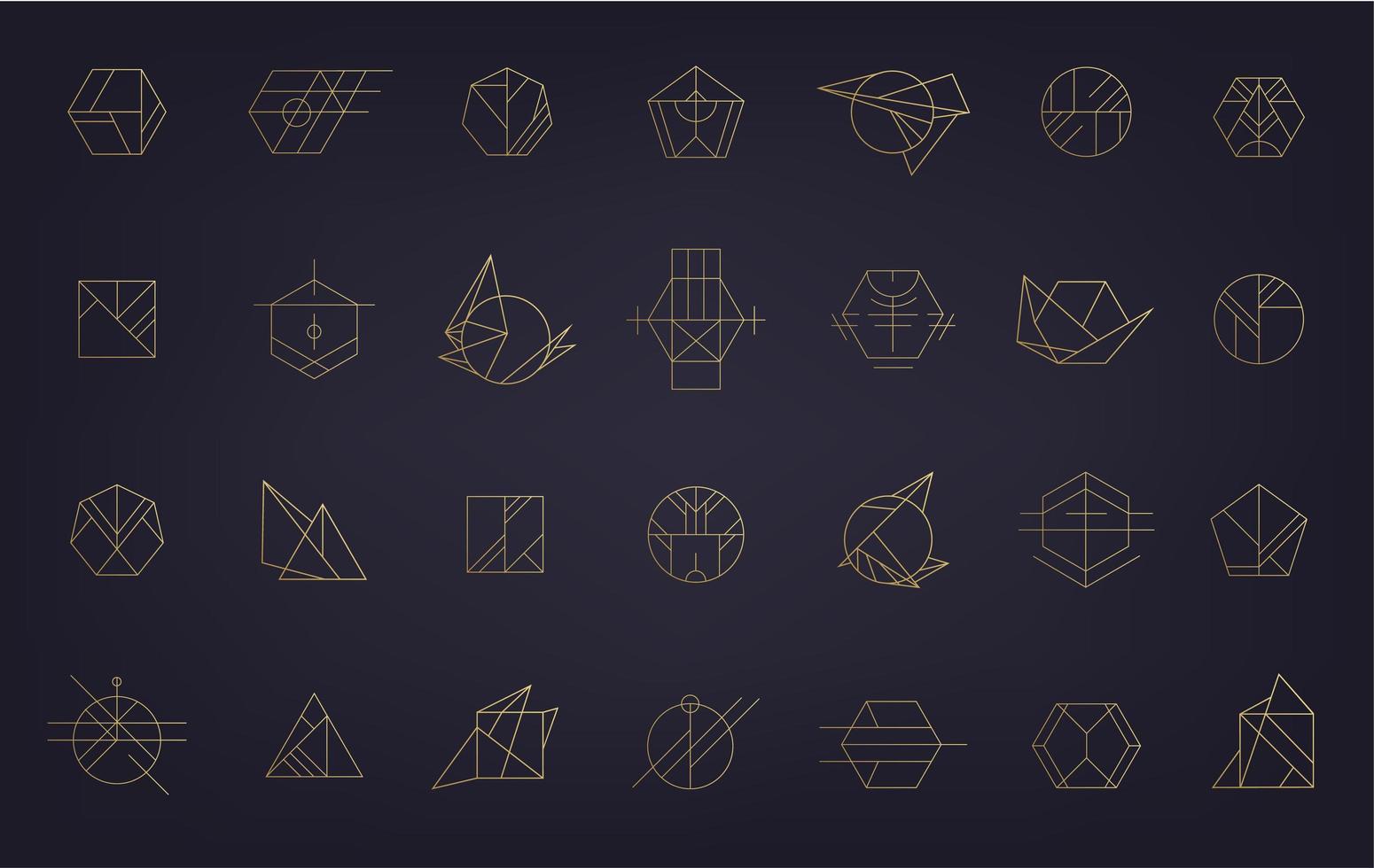 Vector set of abstract geometric logos. Art deco, hipster, golden line style. Circle, triangle, polygon linear shapes. Aztec, magic, esoteric icons