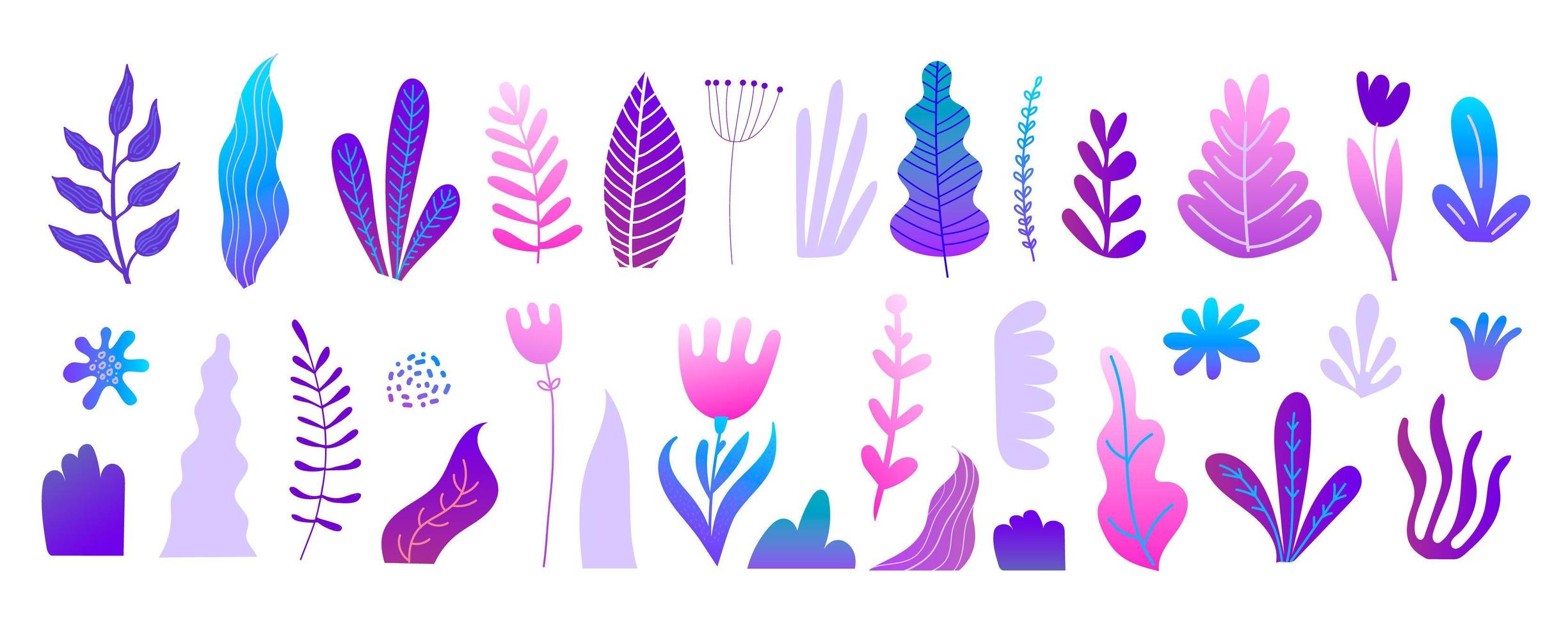 Vector set of beautiful flowers and leaves, hand drawn floral cute elements isolated. Spring art print with botanical elements. Nature matisse style.