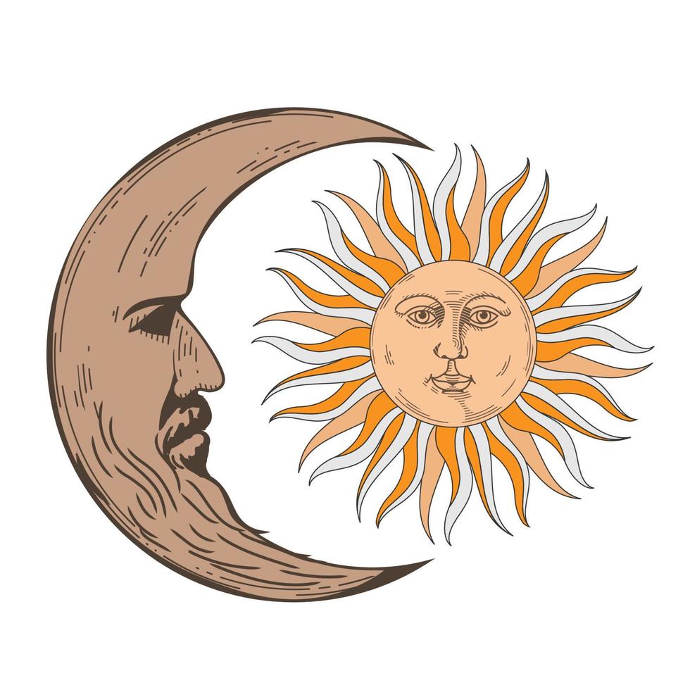 boho luna creciente, sol diseño retro dibujado a mano vector